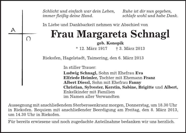 Traueranzeige Margareta Schnagl
