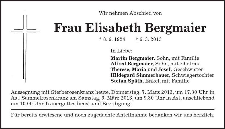 Traueranzeige Elisabeth Bergmaier