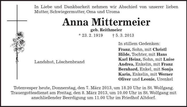 Traueranzeige Anna Mittermeier