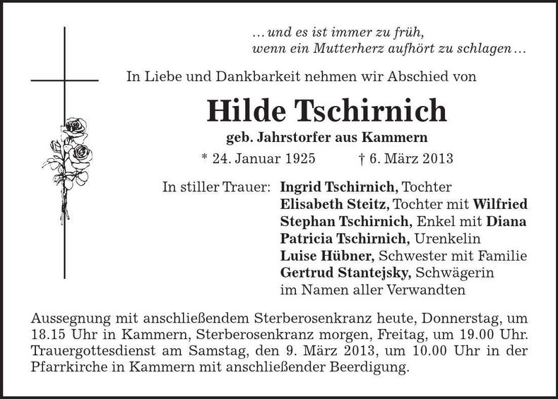 Traueranzeige Hilde Tschirnich