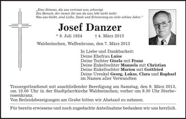 Traueranzeige Josef Danzer