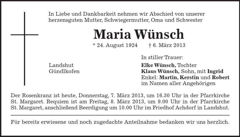 Traueranzeige Maria Wünsch