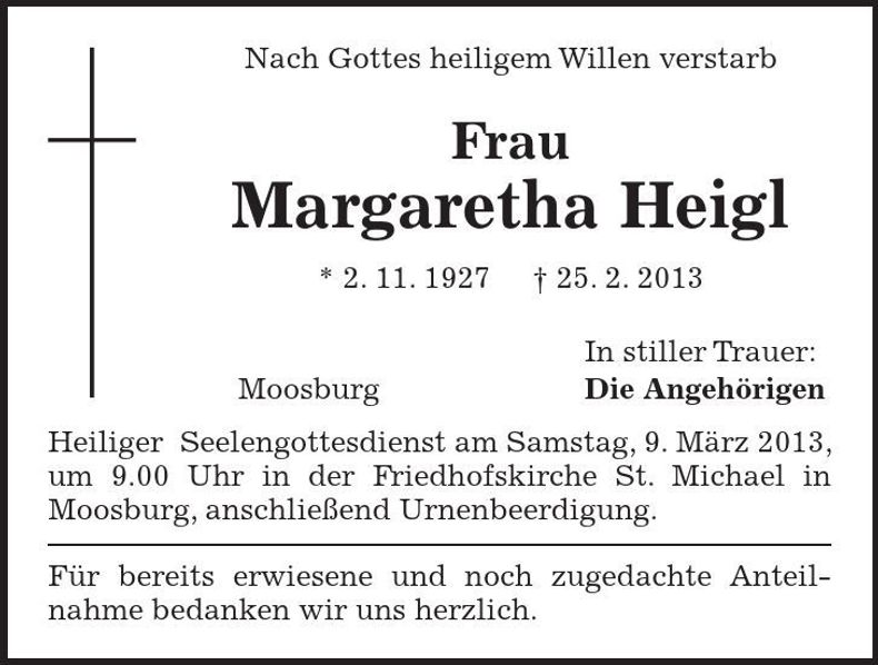 Traueranzeige Margaretha Heigl
