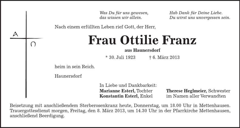 Traueranzeige Ottilie Franz