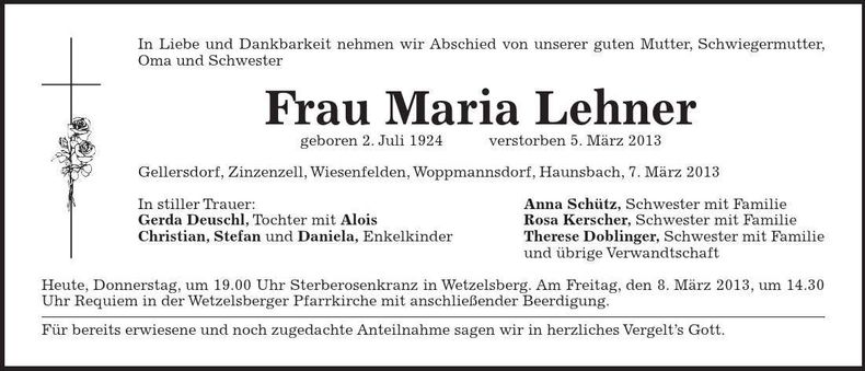 Traueranzeige Maria Lehner