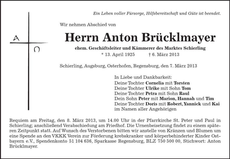 Traueranzeige Anton Brücklmayer