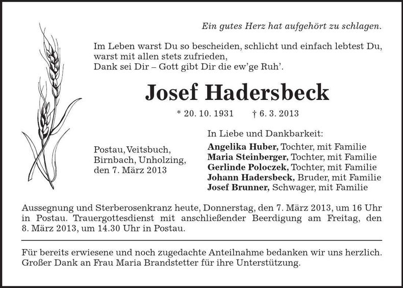 Traueranzeige Josef Hadersbeck