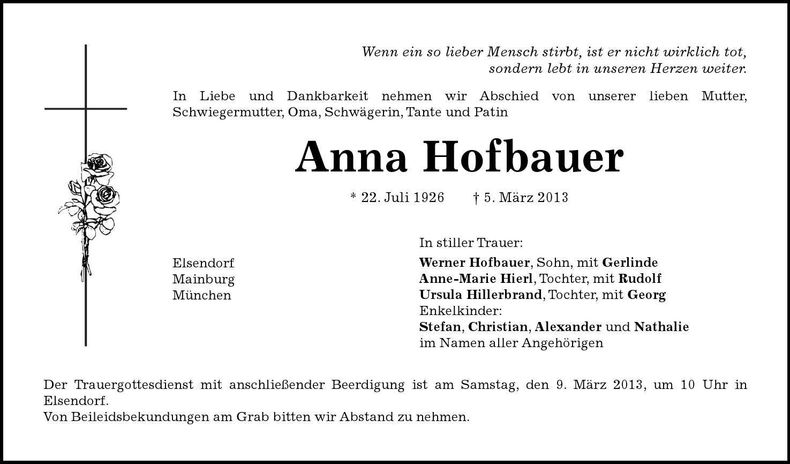 Traueranzeige Anna Hofbauer