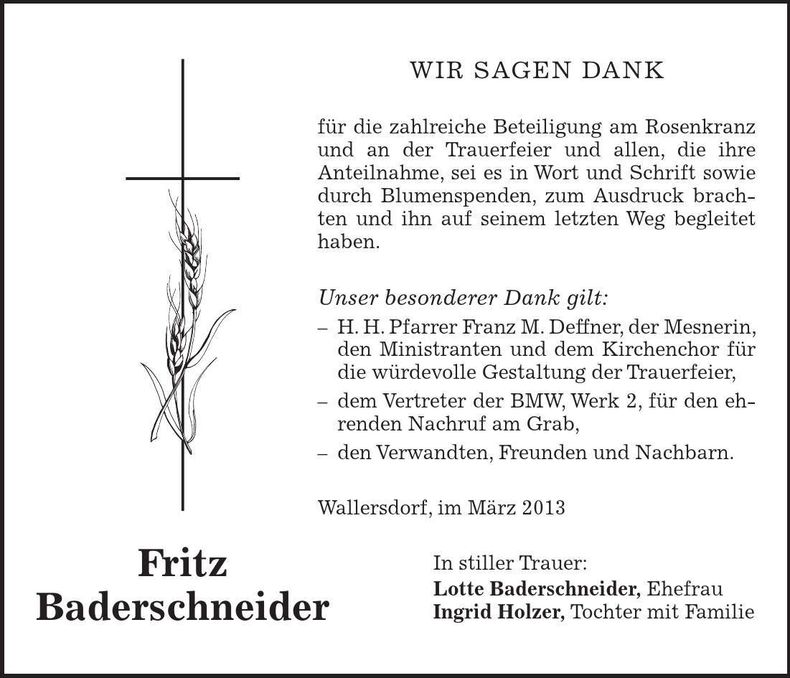 Traueranzeige Fritz Baderschneider