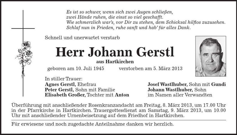 Traueranzeige Johann Gerstl