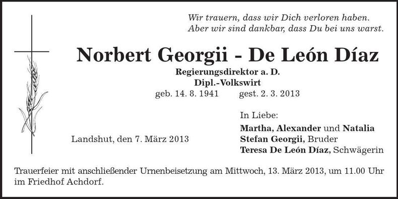 Traueranzeige Norbert Georgii - De León Díaz