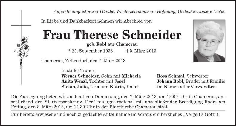 Traueranzeige Therese Schneider