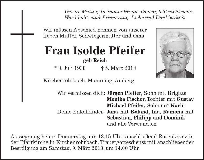 Traueranzeige Isolde Pfeifer