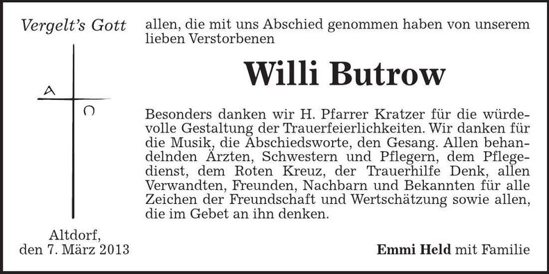 Traueranzeige Willi Butrow
