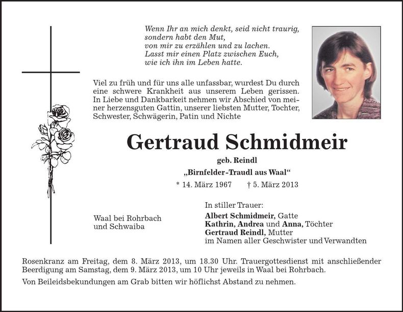 Traueranzeige Gertraud Schmidmeir