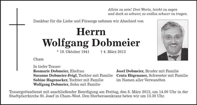 Traueranzeige Wolfgang Dobmeier