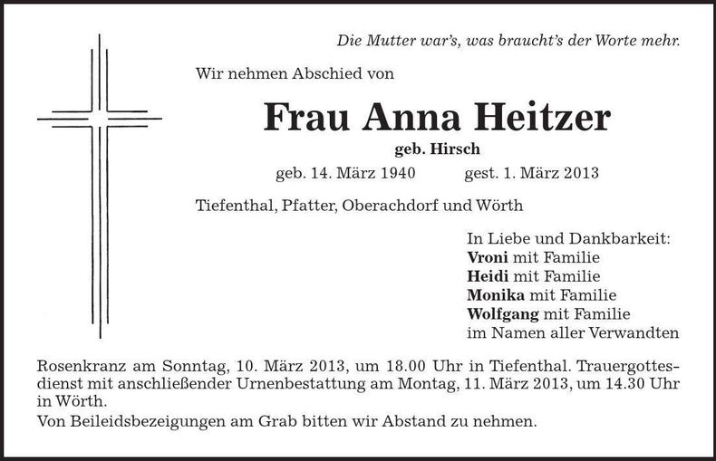 Traueranzeige Anna Heitzer