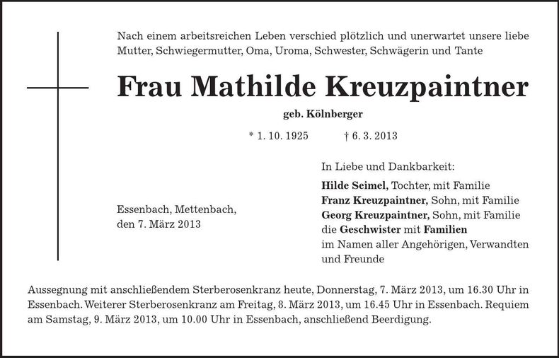 Traueranzeige Mathilde Kreuzpaintner