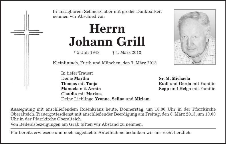 Traueranzeige Johann Grill