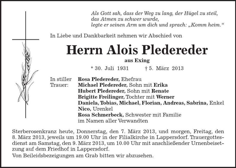 Traueranzeige Alois Pledereder