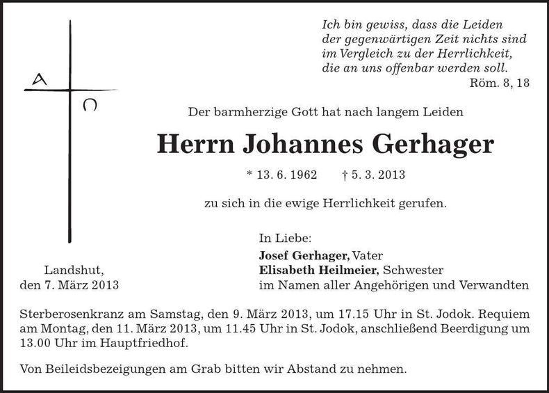 Traueranzeige Johannes Gerhager