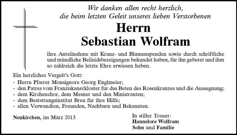 Traueranzeige Sebastian Wolfram