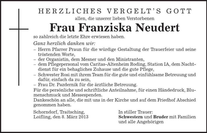 Traueranzeige Franziska Neudert