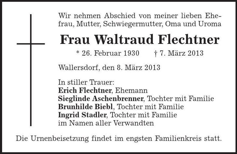 Traueranzeige Waltraud Flechtner