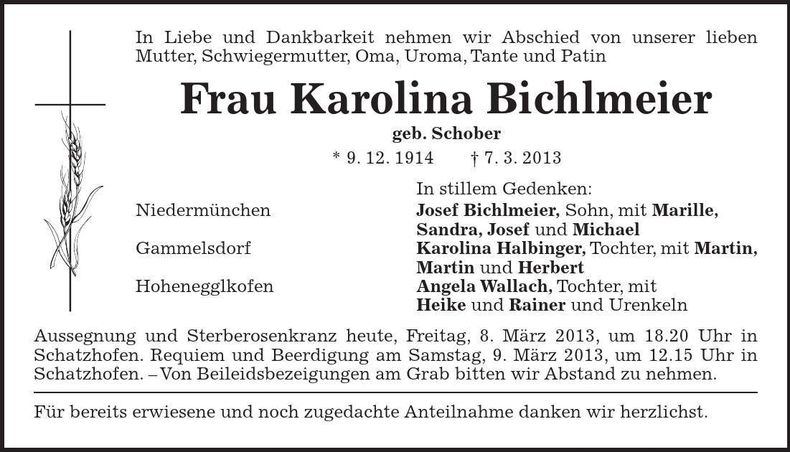 Traueranzeige Karolina Bichlmeier