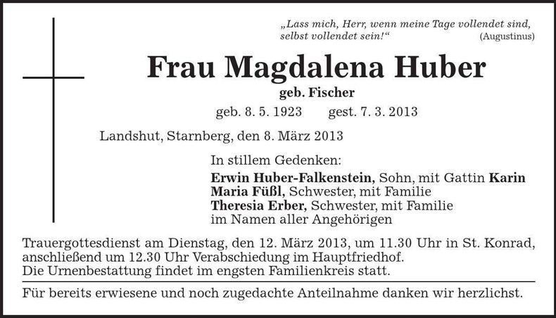 Traueranzeige Magdalena Huber