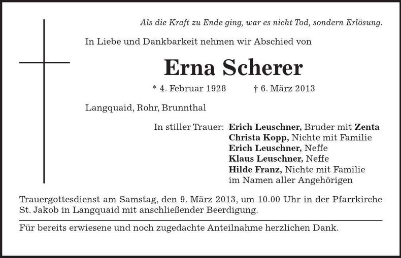 Traueranzeige Erna Scherer