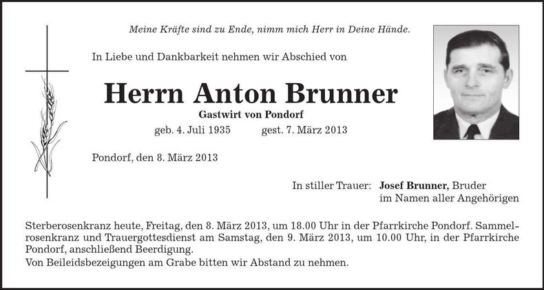 Traueranzeige Anton Brunner