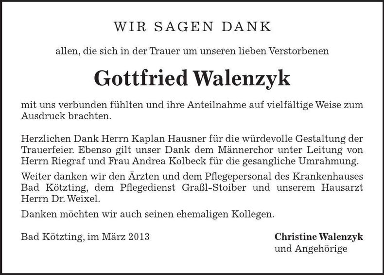 Traueranzeige Gottfried Walenzyk