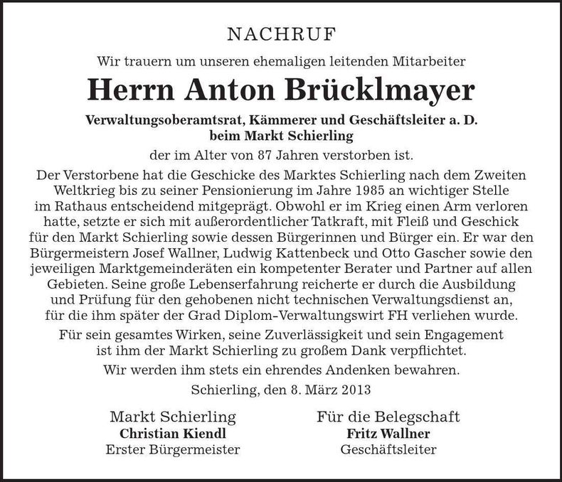 Traueranzeige Anton Brücklmayer