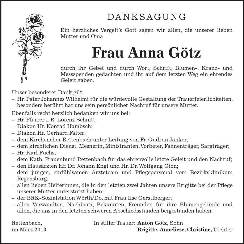 Traueranzeige Anna Götz