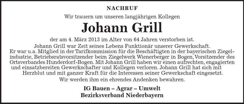 Traueranzeige Johann Grill
