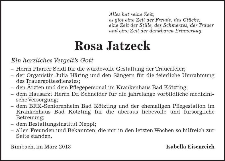 Traueranzeige Rosa Jatzeck