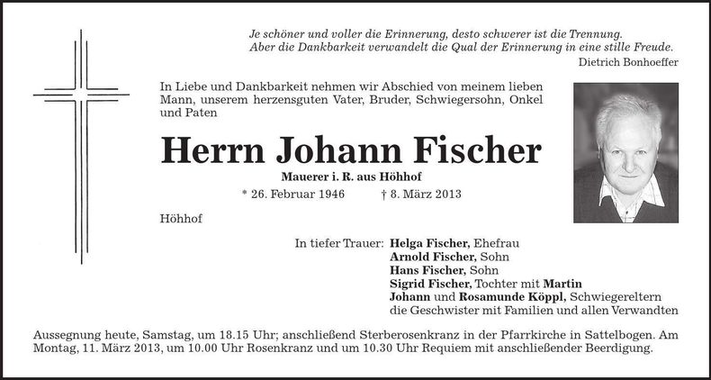 Traueranzeige Johann Fischer