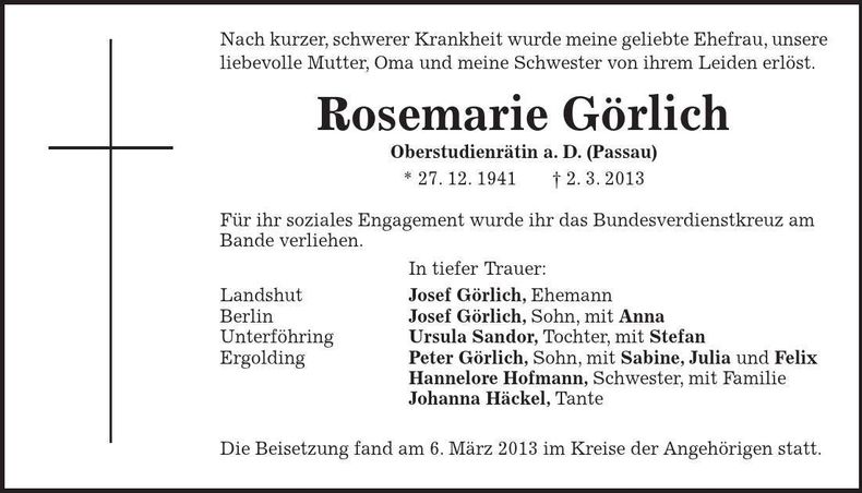 Traueranzeige Rosemarie Görlich