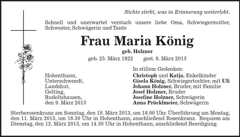 Traueranzeige Maria König