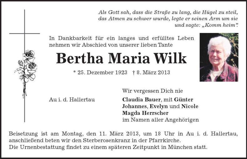 Traueranzeige Bertha Maria Wilk