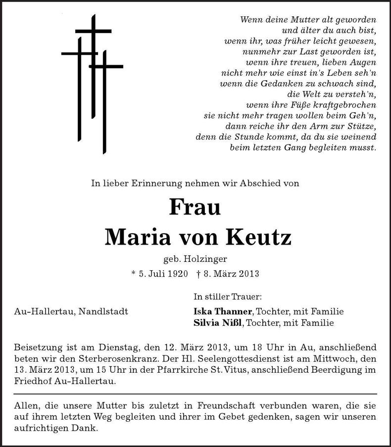 Traueranzeige Maria von Keutz