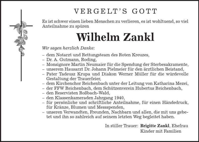 Traueranzeige Wilhelm Zankl