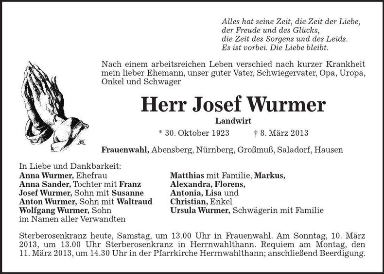 Traueranzeige Josef Wurmer