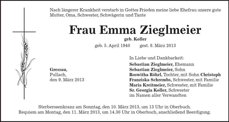 Traueranzeige Emma Zieglmeier