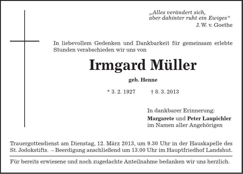 Traueranzeige Irmgard Müller