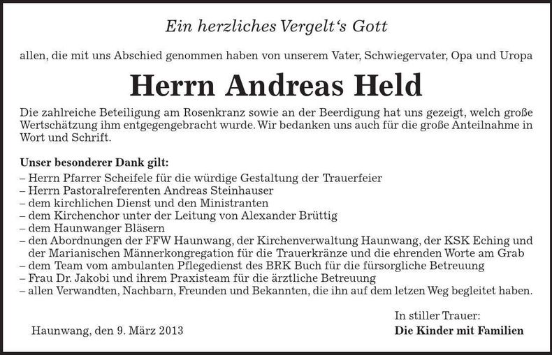 Traueranzeige Andreas Held