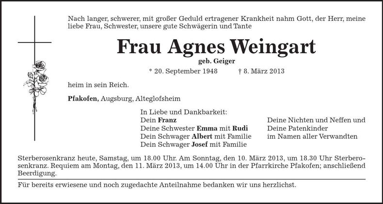 Traueranzeige Agnes Weingart