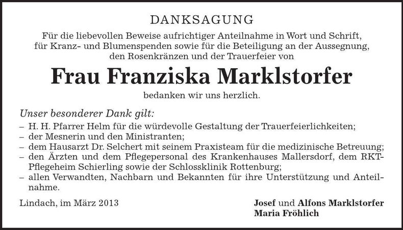 Traueranzeige Franziska Marklstorfer