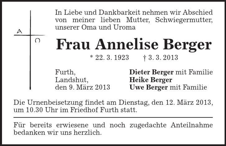 Traueranzeige Annelise Berger